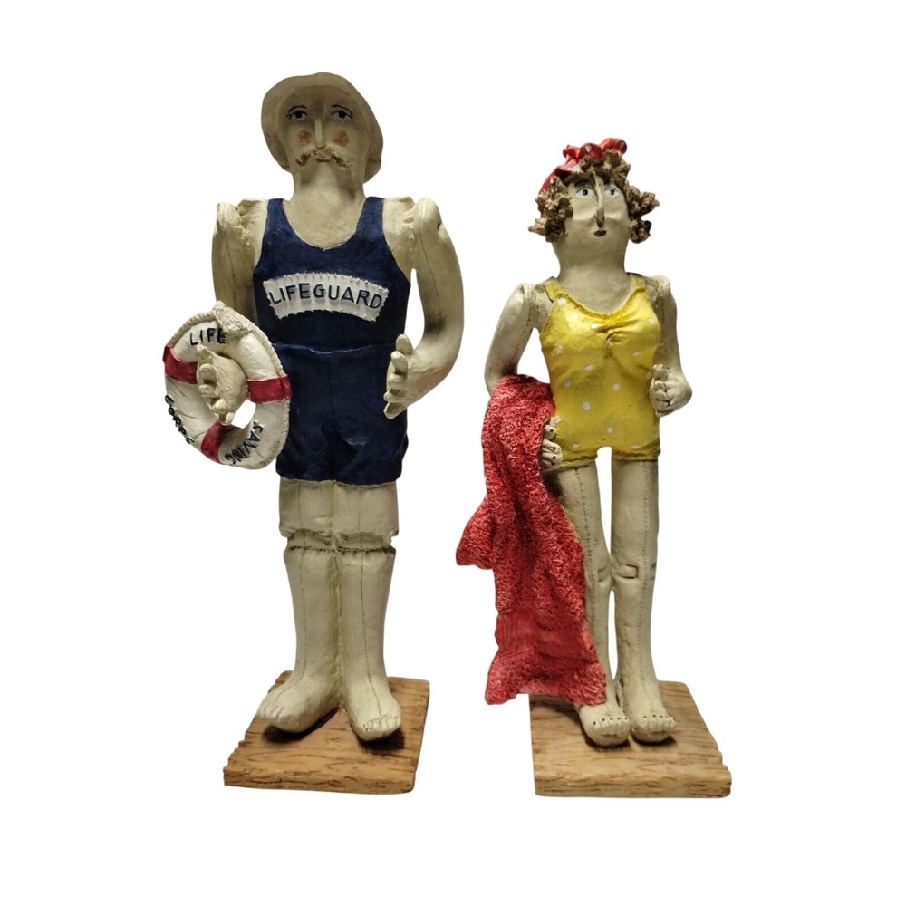 Primitive Folk Art Beach Couple Figurines 12" Coastal Decor Set Pair
